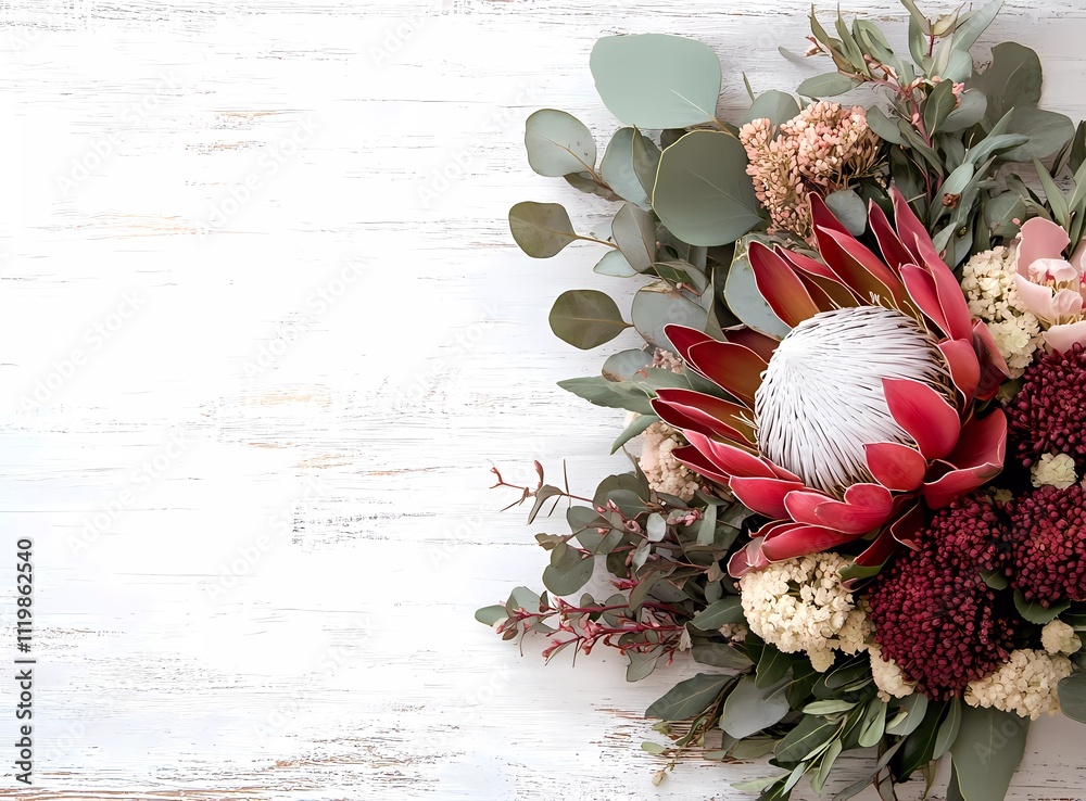 A bouquet of Australian native flowers, including an exaggerated waratah and eucalyptus leaves, arranged on the right side with space for text at the top.