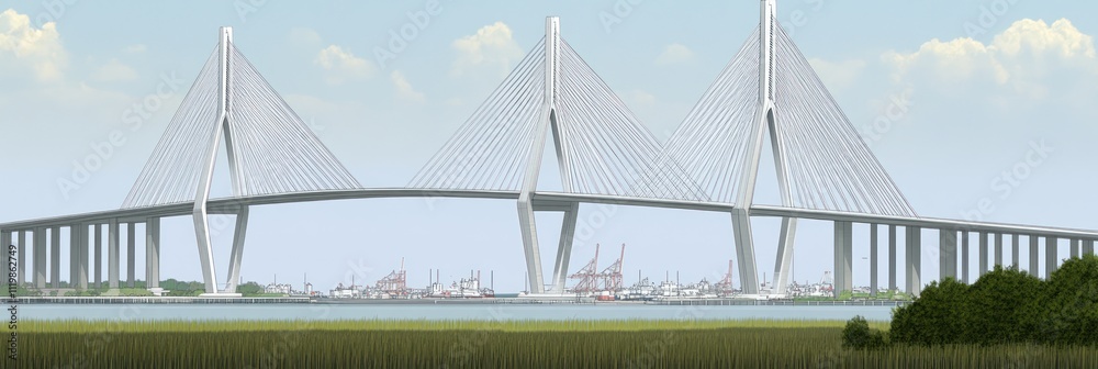 Fototapeta premium A large cable-stayed bridge spanning a body of water with industrial structures in the background.