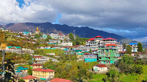 Overlooking Tawang town and the grand Buddha statue from the vantage point of Tawang Monastery, Tawang, Arunachal Pradesh, India.