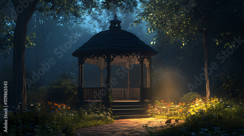 A serene twilight gazebo offering a peaceful refuge between day and night, bathed in soft, calming light. Twilight. Illustration photo