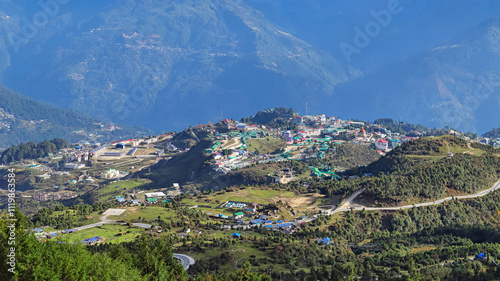 Aerial view of Tawang town nestled in the Himalayan foothills, Tawang, Arunachal Pradesh, India.
