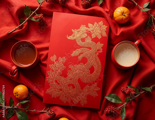 chinese new year red envelope with snake designs and oranges with tea cups and plum blossoms on red cloth