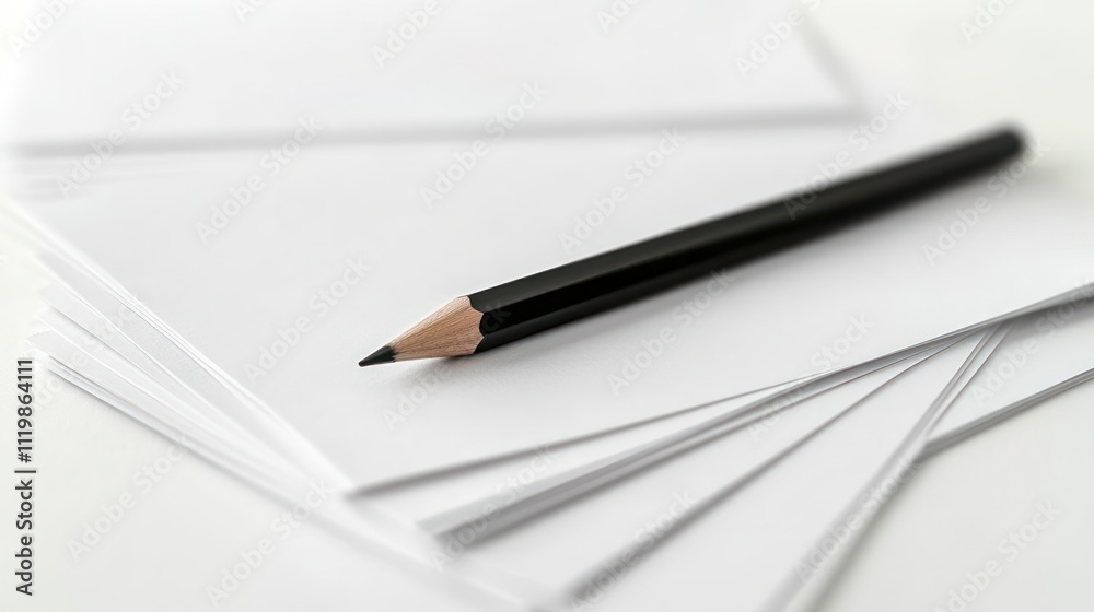 A black pencil lays on top of a stack of blank white cards, a simple composition for a minimalist design. A black pencil lays on top of a stack of blank white cards, a simple composition for a minimalist design.