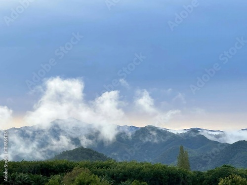 Serene Mountain Landscape with Misty Clouds