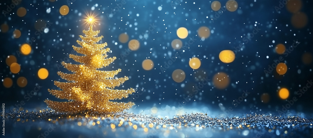 Sparkling Christmas Tree: Festive Blue & Gold Bokeh Background, Ai Sparkling Christmas Tree: Festive Blue & Gold Bokeh Background, Ai