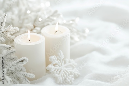 A cozy winter scene featuring lit candles and decorative snowflakes, perfect for the holiday season.