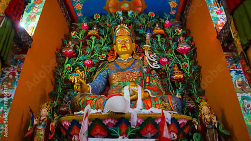 Revered statue of Guru Padmasambhava within Khinmey Nyingma Monastery, Tawang, Arunachal Pradesh, India.