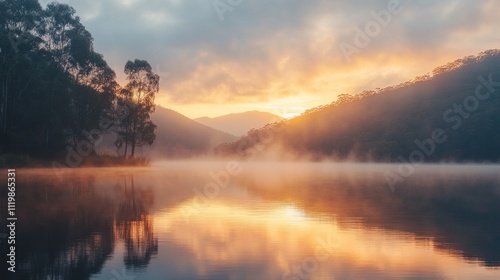 A serene and misty sunrise over a still lake with rolling hills in the background.