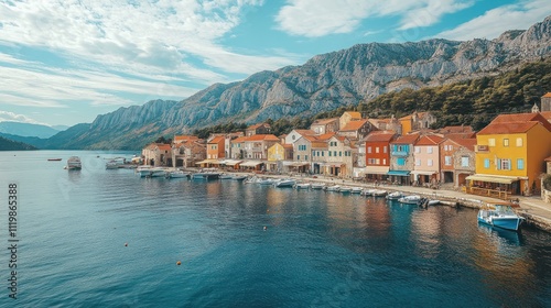 A picturesque coastal town with colorful houses lining the waterfront, nestled amidst rolling hills and a clear blue sky.