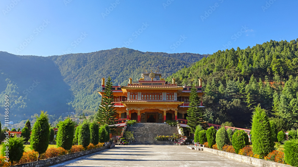 Majestic front facade of Thupsung Dhargye Ling Buddhist Monastery, showcasing traditional Buddhist architecture, Dirang, West Kameng, Arunachal Pradesh, India. Majestic front facade of Thupsung Dhargye Ling Buddhist Monastery, showcasing traditional Buddhist architecture, Dirang, West Kameng, Arunachal Pradesh, India.