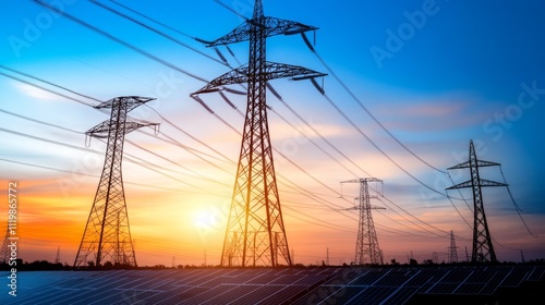 Peak energy generation from solar panels glowing with sunlight efficiently powering grids during high-demand periods ensuring stable electricity distribution and renewable energy solutions for