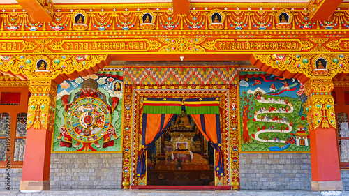 Ornate entrance to the prayer hall of Thupsung Dhargye Ling Buddhist Monastery, Dirang, West Kameng, Arunachal Pradesh, India.