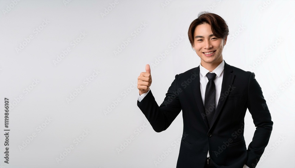 シンプルな白背景、日本人男性が黒スーツ姿で控えめなサムズアップをするデザイン

