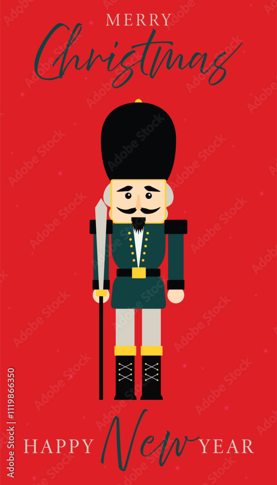 Christmas nutcracker soldier with sword. Antique traditional figurine doll. Vector Christmas illustration in Scandinavian style. Cute nutcracker with mistletoe, Christmas holiday greeting card.