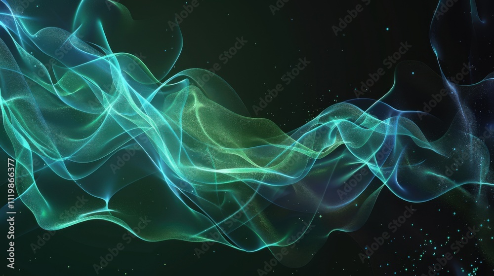 Vector abstract light lines wavy flowing dynamic in blue green colors isolated on black background for concept of AI technology, digital, communication, 5G, science, music Vector abstract light lines wavy flowing dynamic in blue green colors isolated on black background for concept of AI technology, digital, communication, 5G, science, music