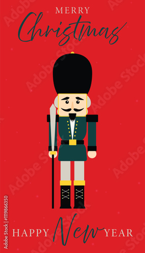 Obraz na płótnie Christmas nutcracker soldier with sword. Antique traditional figurine doll. Vector Christmas illustration in Scandinavian style. Cute nutcracker with mistletoe, Christmas holiday greeting card. w salonie