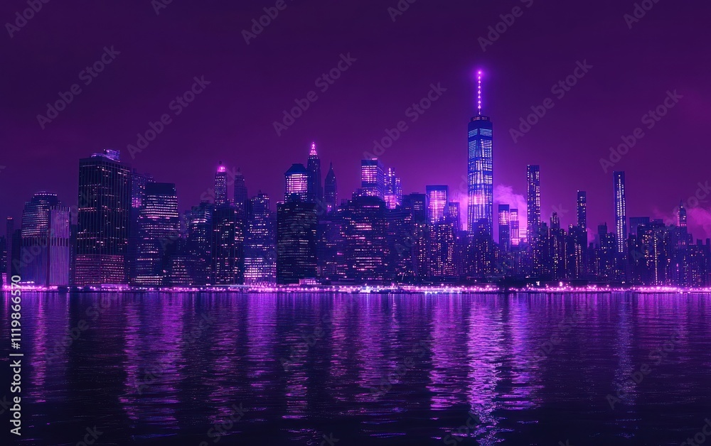 Fototapeta premium Beautiful purple night sky with city lights