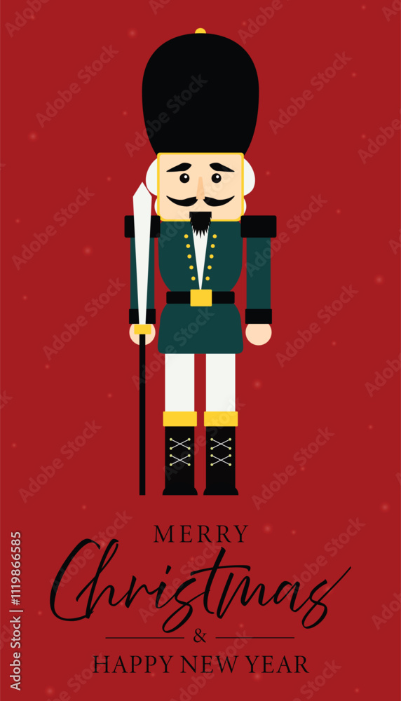 Christmas nutcracker soldier with sword. Antique traditional figurine doll. Vector Christmas illustration in Scandinavian style. Cute nutcracker with mistletoe, Christmas holiday greeting card.