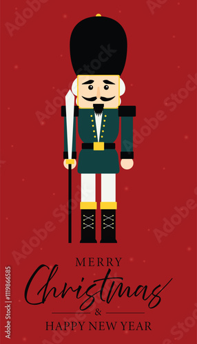 Christmas nutcracker soldier with sword. Antique traditional figurine doll. Vector Christmas illustration in Scandinavian style. Cute nutcracker with mistletoe, Christmas holiday greeting card.