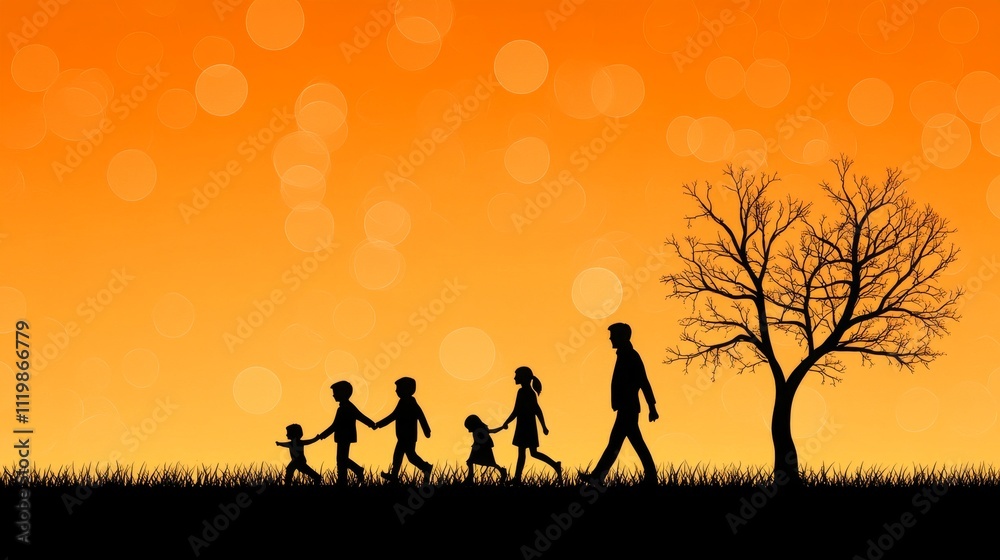 A silhouette of a family walking together at sunset, with a vibrant orange sky and a solitary tree in the background. A silhouette of a family walking together at sunset, with a vibrant orange sky and a solitary tree in the background.