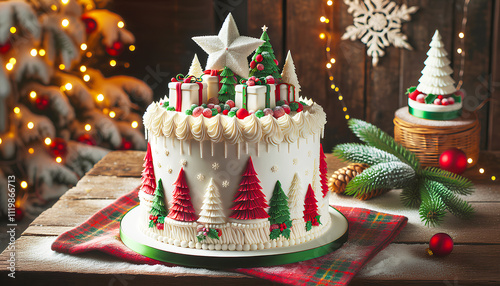 Artistic photo of a christmas cake and sweets seen head-on with fir trees and a star photo