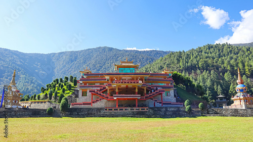 Bild auf Leinwand Expansive front view of Thupsung Dhargye Ling Monastery showcasing its grandeur, Dirang, West Kameng, Arunachal Pradesh, India