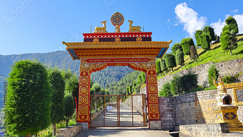 Entryway to the campus of Thupsung Dhargye Ling Monastery, welcoming visitors with its tranquil ambiance, Dirang, West Kameng, Arunachal Pradesh, India.
