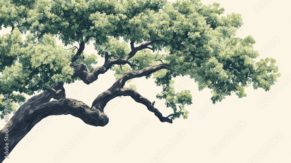 Fototapeta premium Lush green tree branches with textured bark isolated on a white background.