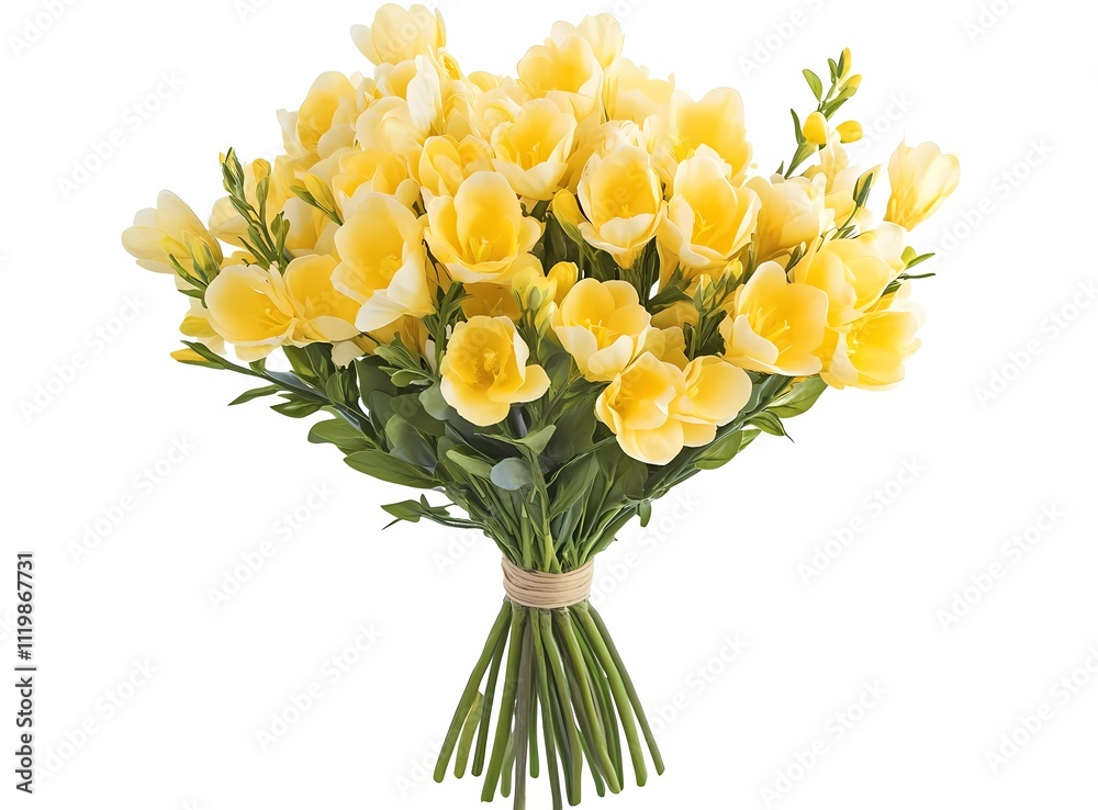 Bouquet of yellow freesia flowers isolated on a white background, close-up view Bouquet of yellow freesia flowers isolated on a white background, close-up view
