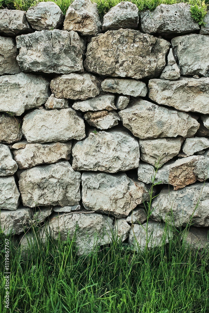 A weathered stone wall with a natural texture and grassy base. A weathered stone wall with a natural texture and grassy base.
