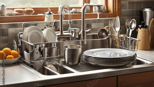 A metal dish drainer filled with various plates and cups sits over a stainless steel sink in a kitchen.

