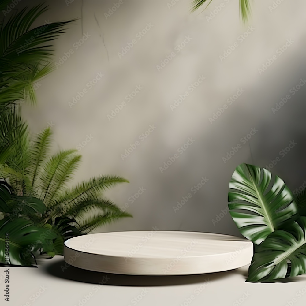 A minimalistic display platform surrounded by lush tropical foliage. A minimalistic display platform surrounded by lush tropical foliage.