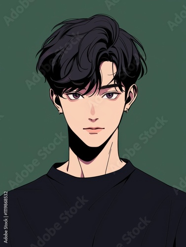 Korean style Beautiful cartoon boy anime avatar, young man portrait illustration, Simple one color background