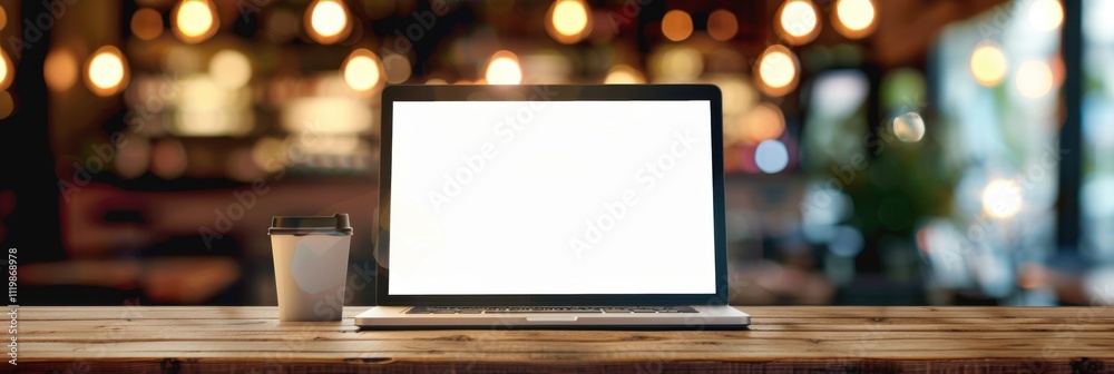 Laptop computer on wooden table with empty screen, on blurred bright decent restaurant background Laptop computer on wooden table with empty screen, on blurred bright decent restaurant background