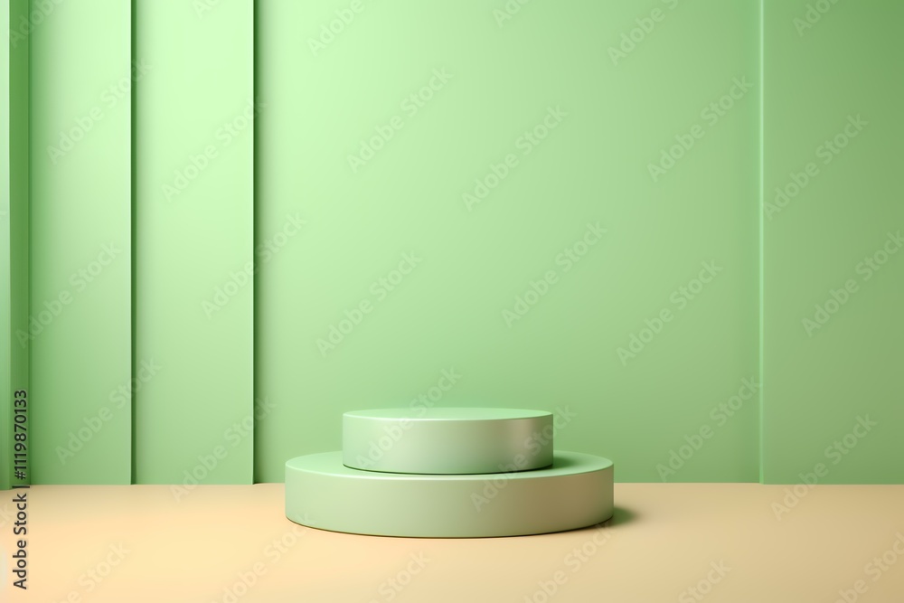 A minimalistic green backdrop with circular platforms for display or presentation purposes. A minimalistic green backdrop with circular platforms for display or presentation purposes.