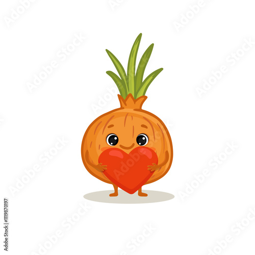 Cute onion character with red heart. Vegetable illustration. Cartoon onion in flat style. Food illustration for kids. Vector