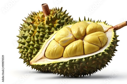 A Fresh Durian Fruit With a Spiky Green Shell,Very Teasty And Sweet Fruit Cut And Inside, a Cut Section Revealing Its Creamy Yellow photo