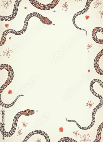 golden snakes with red heads and flowers forming a frame border on a beige background