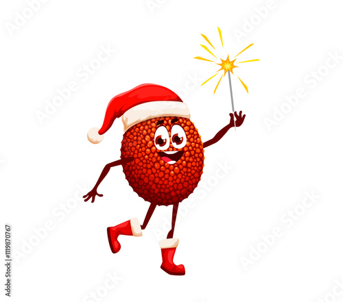 Cartoon Christmas and New Year winter tropical lychee fruit character with a sparkler. Isolated vector fruity personage in festive Santa hat, radiating holiday joy during seasonal Xmas celebration