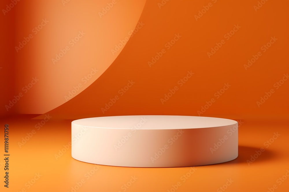 A minimalistic orange backdrop with a round pedestal, ideal for product displays or presentations. A minimalistic orange backdrop with a round pedestal, ideal for product displays or presentations.