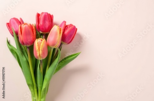 A vibrant bouquet of pink and orange tulips on a pink background