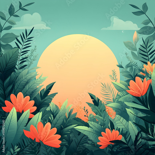 Lush tropical foliage framing a large sun.