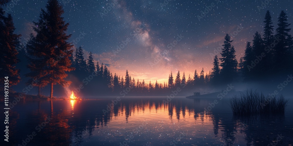 Serene Night Lake Milky Way Campfire Pine Trees Nature