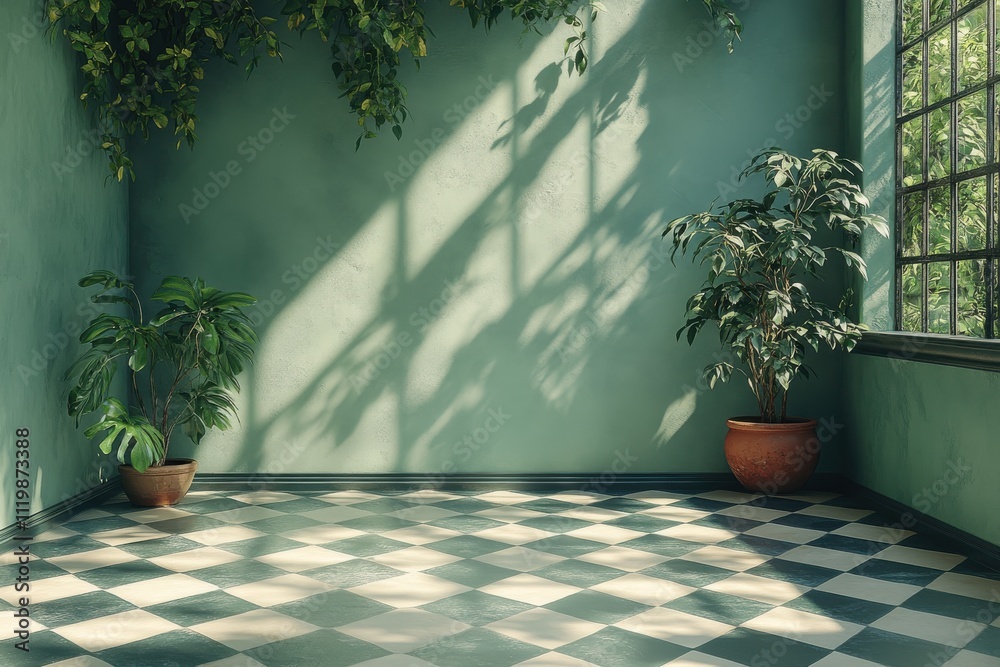 Obraz premium A serene indoor space with green walls, plants, and a checkered floor, inviting tranquility.