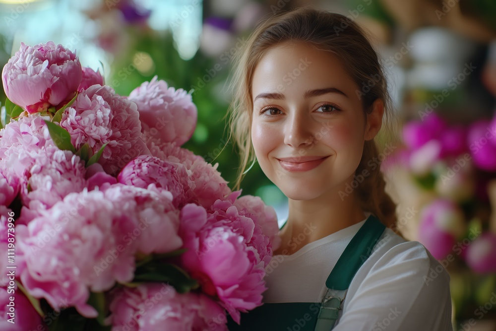Fototapeta premium Beautiful young smiling woman florist with big bouquet of pink peonies in flower shop.