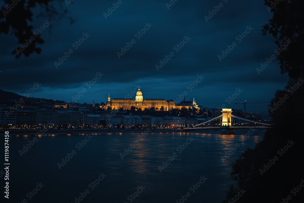 Fototapeta premium a dark blue sky and yellow light on the castle in front of the chain bridge