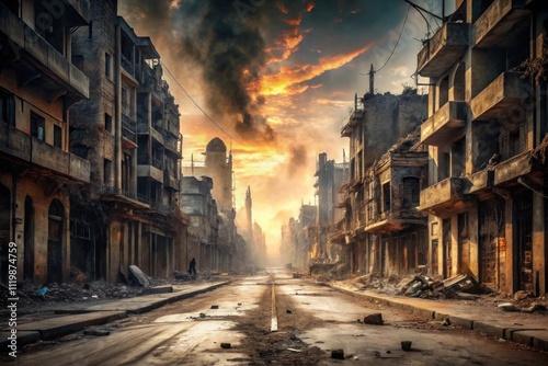 Empty street of burnt up city Apocalyptic view of city downtown as disaster film poster concept City destroyed by war