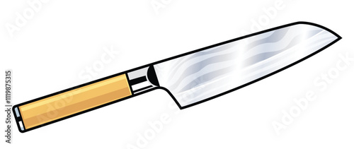 japanese style santoku chef knife damascus steel with wood handle icon isolated on transparent background vector