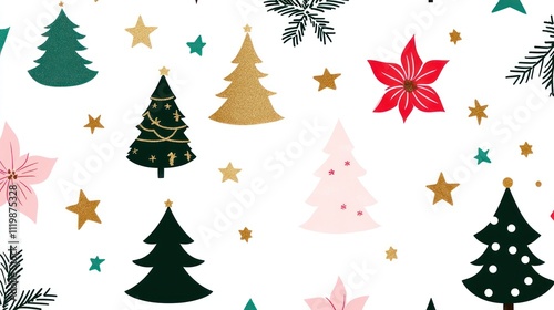 A festive pattern featuring Christmas trees, stars, and flowers in a cheerful design.