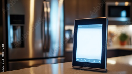 Smart home control panel on kitchen counter, blank screen.